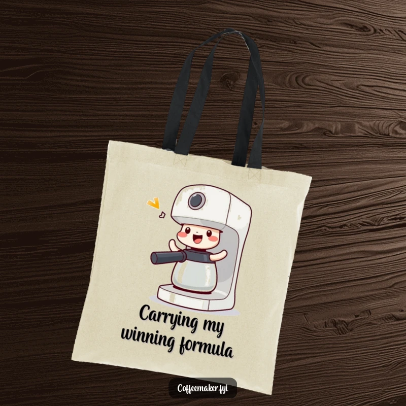 Funny Victorious Coffee Maker Tote Bag: Machine doing a happy shimmy, perfect for carrying essentials with a celebratory vibe.