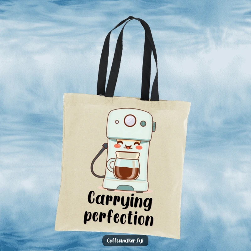Funny tote bag showcasing a proud coffee maker serving a perfect cup, ideal for carrying groceries with a dash of brewing pride.
