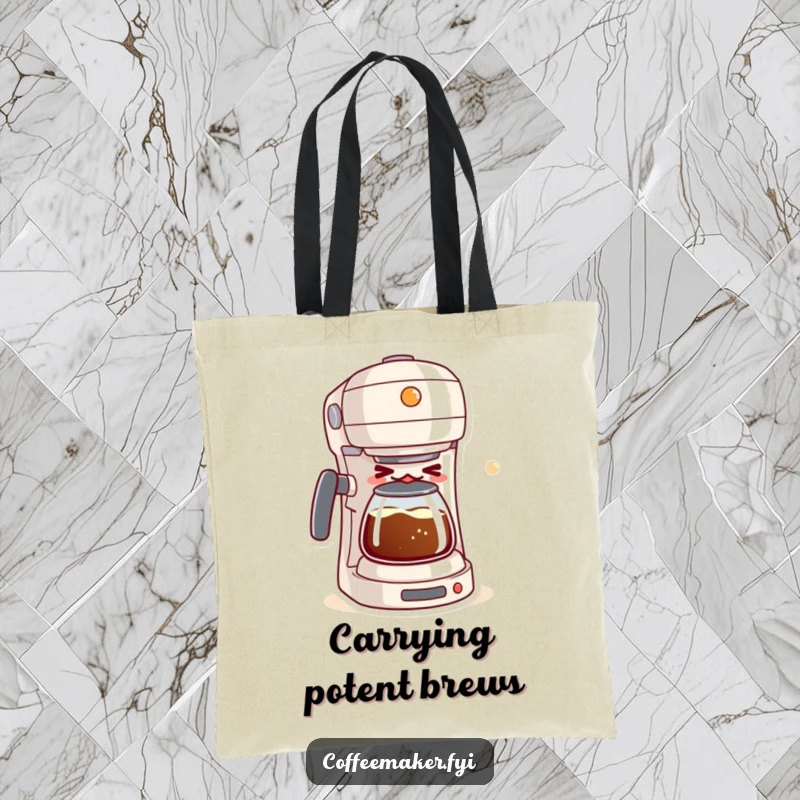 Funny tote bag showcasing a mischievous kawaii coffee maker winking while brewing a bubbly, delightful mixture, a perfect accessory.