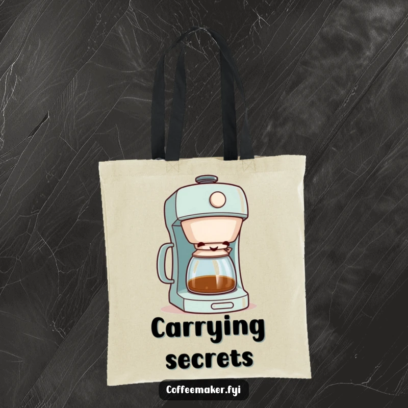 Funny coffee maker character peeking with a mischievous grin from its lid, on a stylish and humorous tote bag.