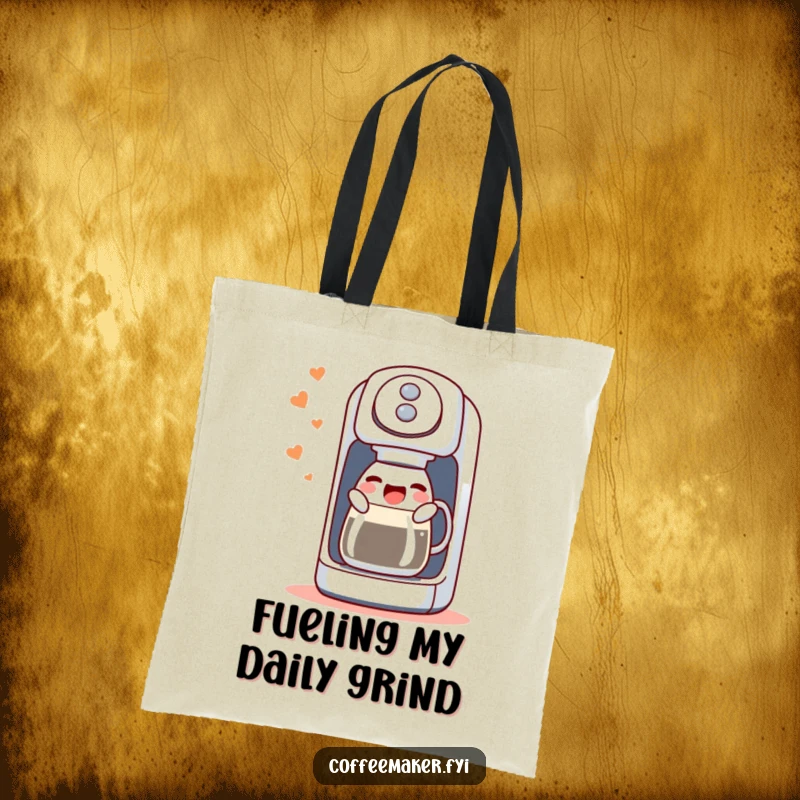 Funny tote bag showcasing a singing coffee maker machine, joyfully gurgling its morning tune, a practical and humorous accessory.