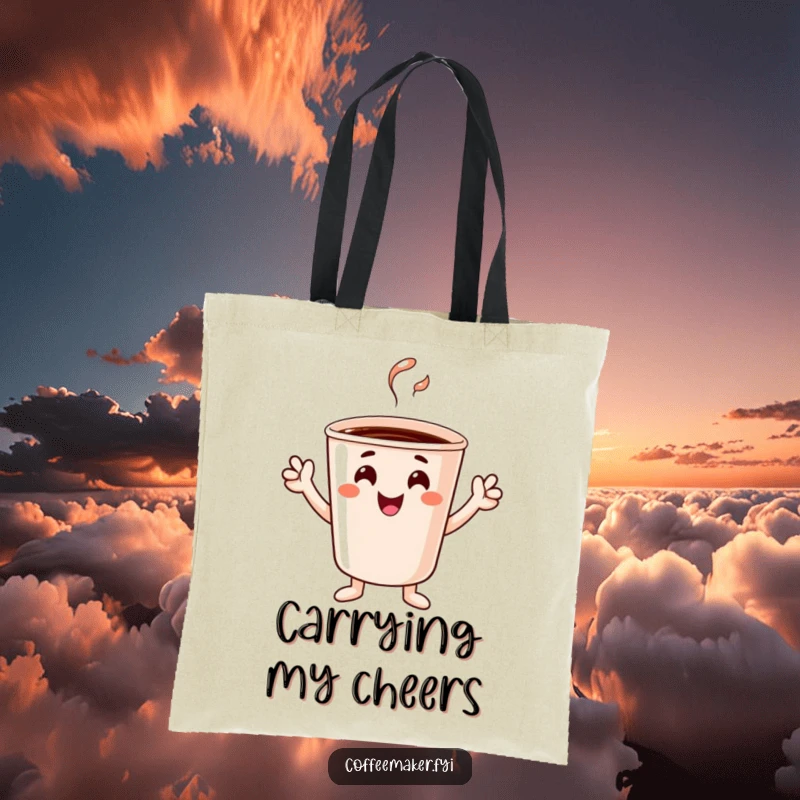 Funny cheerful coffee cup character with tiny hands cheering, printed on a durable and cute tote bag.