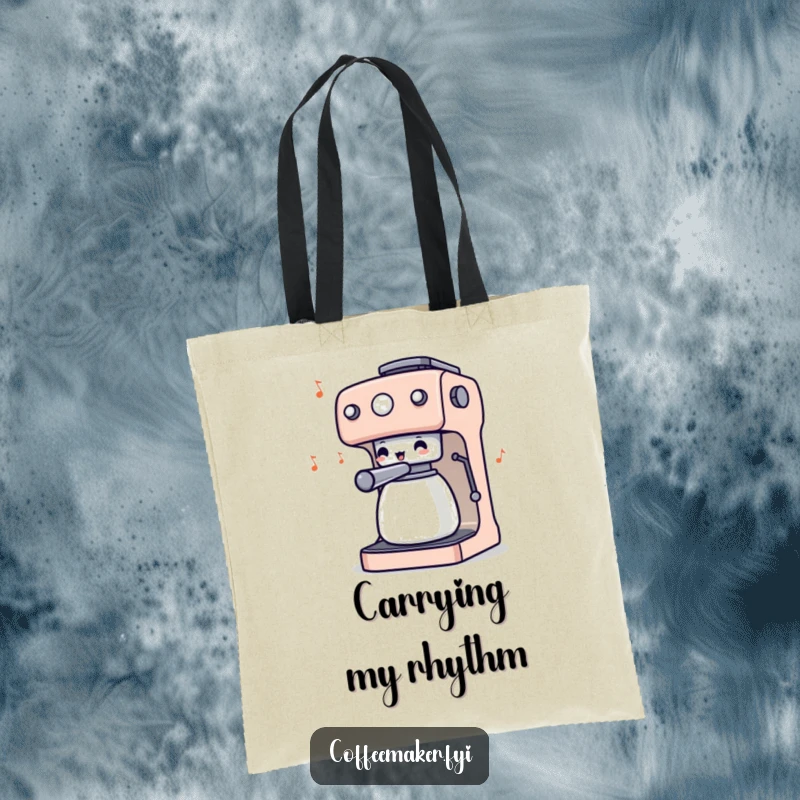 Funny tote bag with a coffee maker character energetically wiggling its knobs, channeling a musical conductor in a moment of caffeinated inspiration.