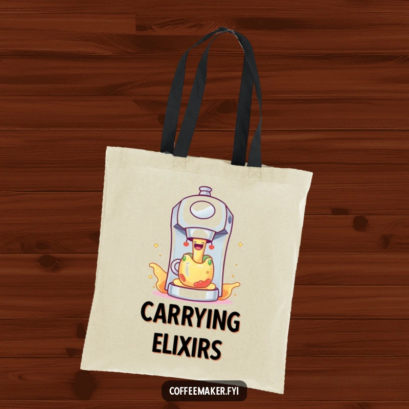 Funny coffee maker character joyfully pouring colorful, sparkling liquid, on a stylish and humorous tote bag.