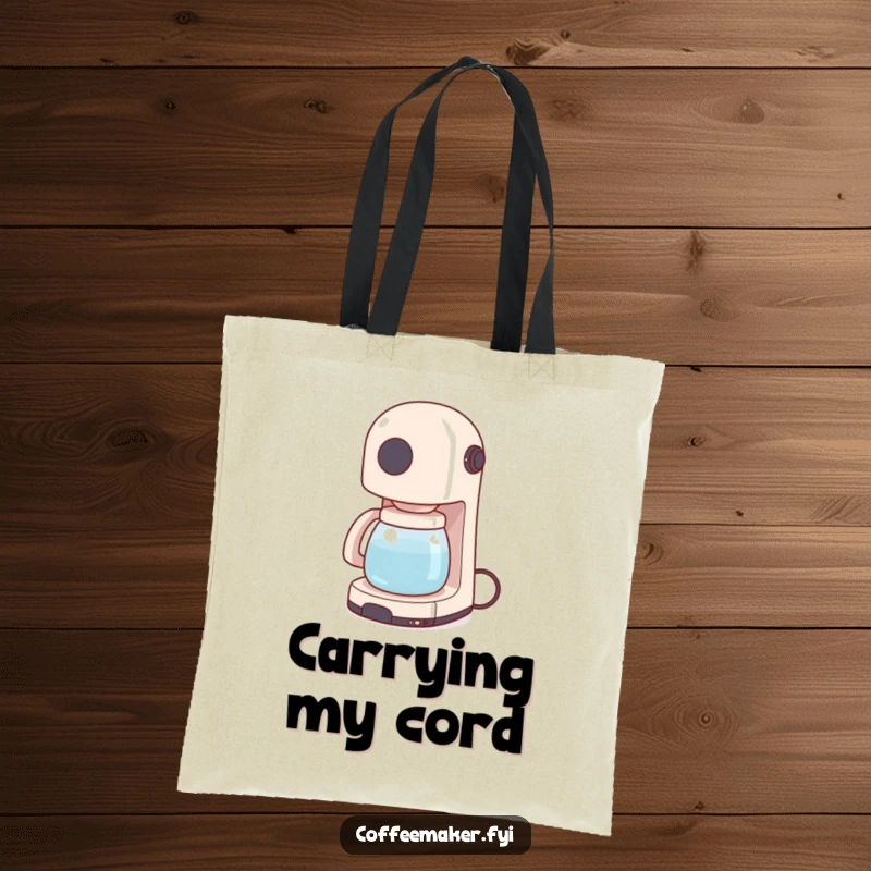 Funny tote bag showcasing a tiny coffee maker energetically wiggling its power cord like a happy tail, great for daily use.