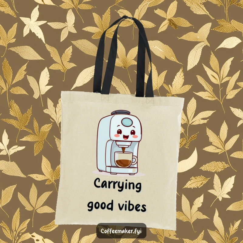 Funny, smiling coffee maker machine pouring coffee, printed on a durable tote bag for everyday use.