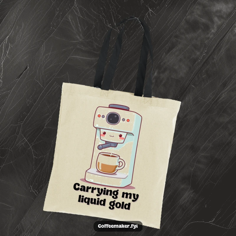 Funny Coffee Maker Tote Bag: Cute machine gleefully dispensing coffee, perfect for carrying groceries with a smile.