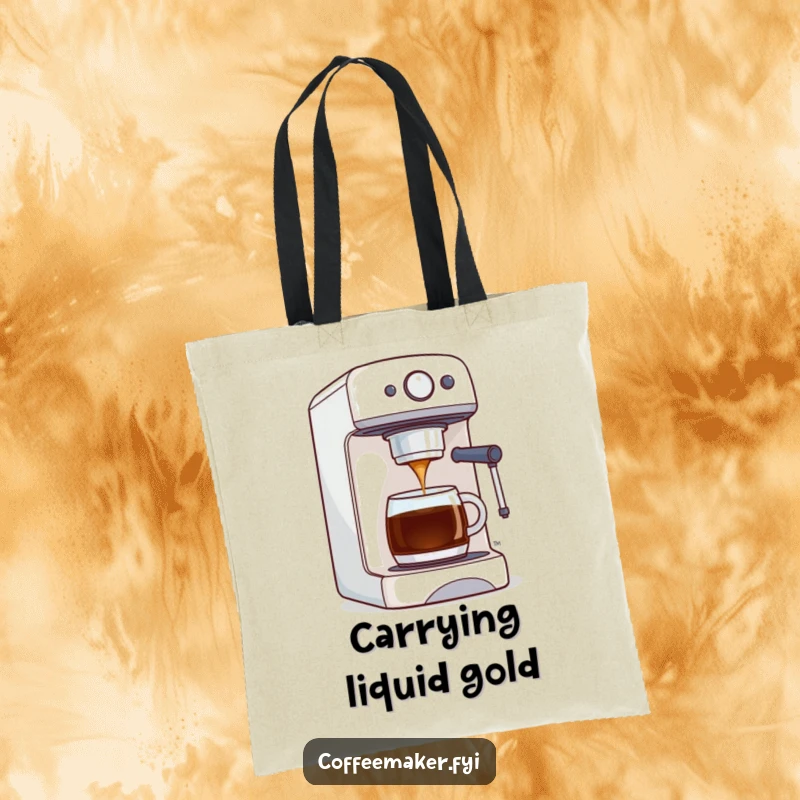 Funny tote bag showcasing a coffee maker machine proudly dispensing a perfect stream of coffee, ideal for everyday errands.