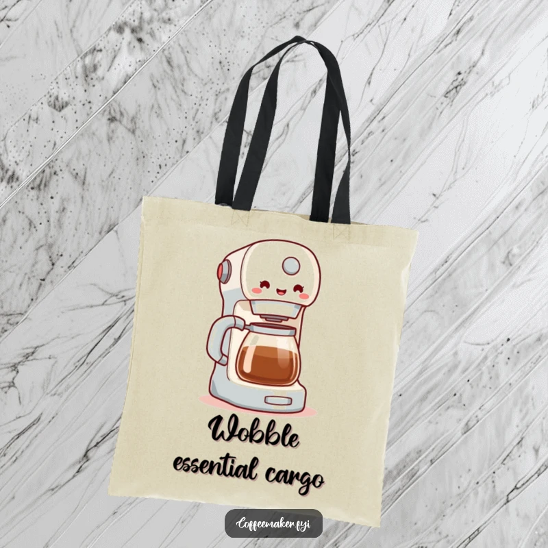 Funny tote bag displaying a coffee maker in a happy, energetic wobble, suitable for carrying daily essentials with a smile. A practical, humorous accessory.