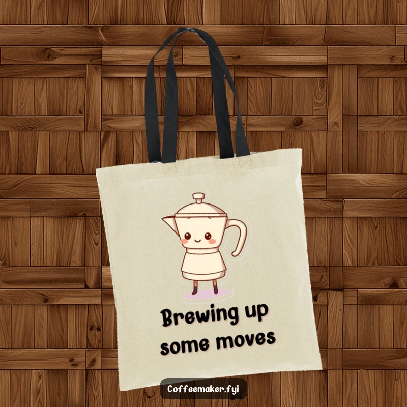 Funny coffee pot character shuffling its base on this tote, carrying style and coffee vibes.