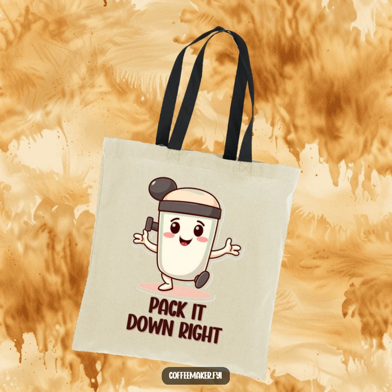 Funny Tote Bag: A smiling coffee tamper character doing a determined, stamping dance, perfect for coffee lovers on the go.