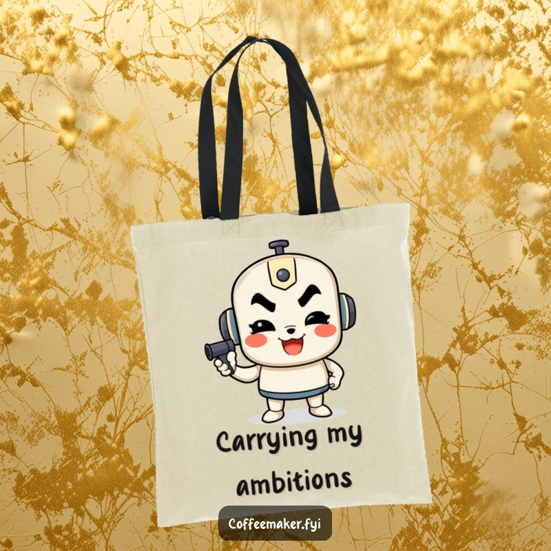 Funny tote bag with a determined French press character pumping, symbolizing ambition and coffee culture.