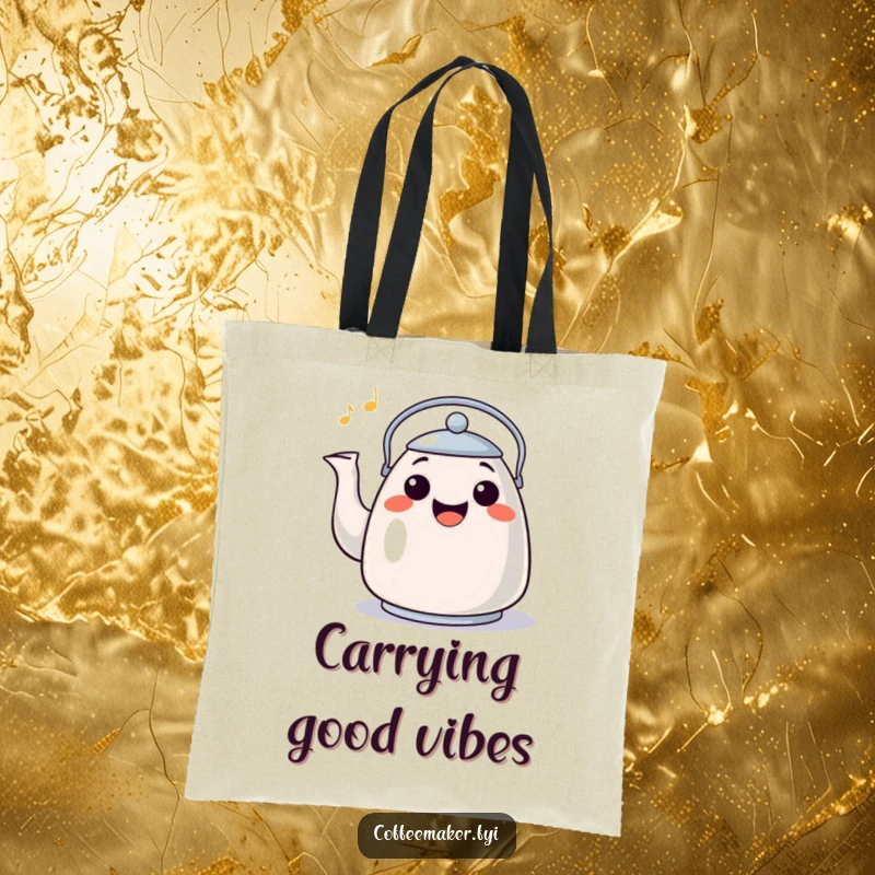 Funny Tote Bag: A happy kettle character with a wide grin whistling a cheerful tune, perfect for carrying smiles.