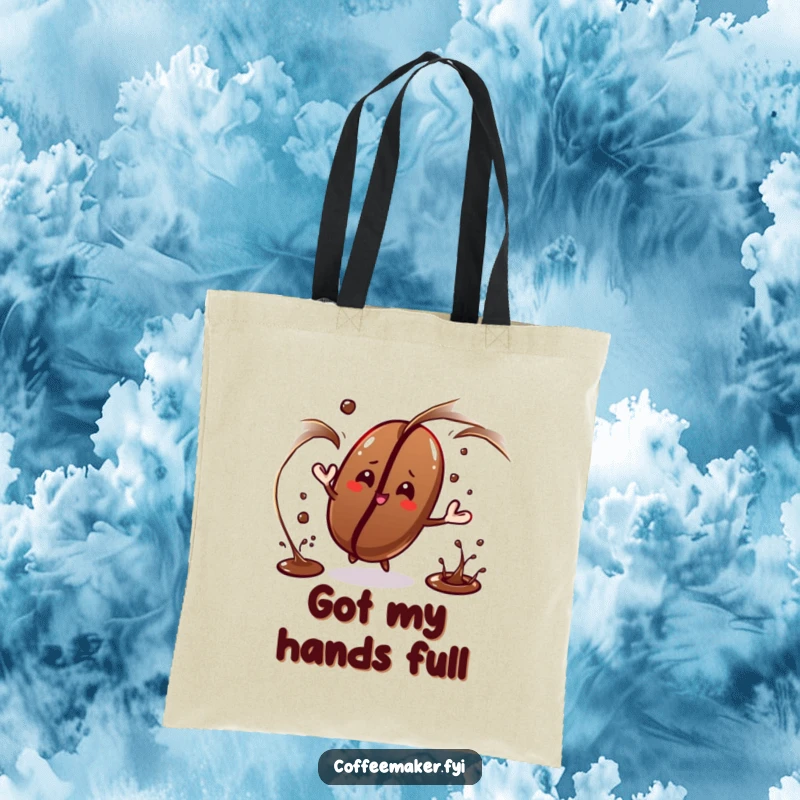Funny coffee bean character juggling dark liquid streams on this tote bag, showcasing impressive talent.