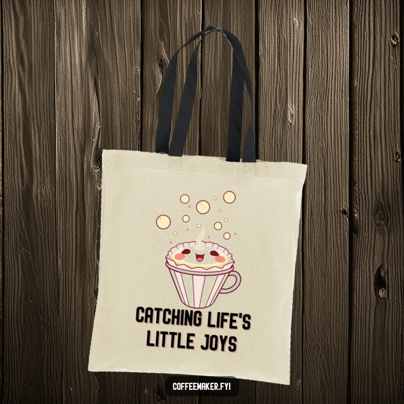 Funny Kawaii Coffee Filter Tote Bag happily catching bubbly delight, a humorous and practical accessory gift.