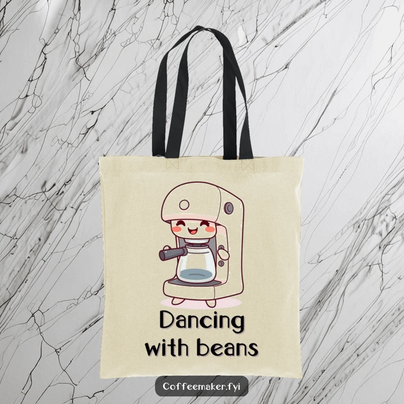 Funny tote bag with a happy kawaii coffee maker jigging with its buttons pressed, perfect for carrying daily essentials with joy.