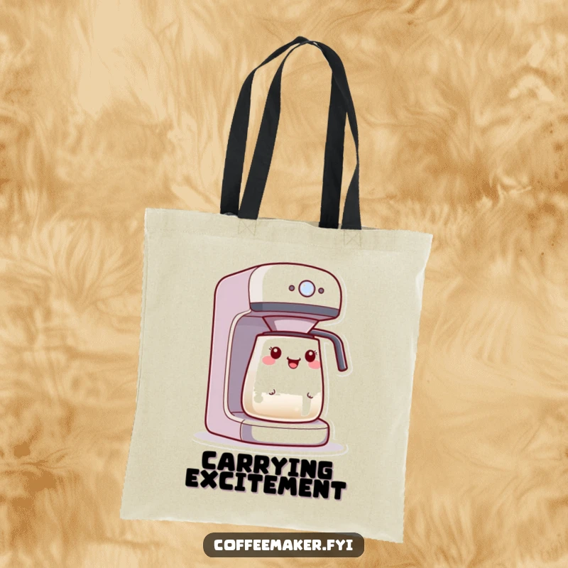 Funny Kawaii coffee maker tote bag, character excited by a blinking brewing light, perfect for carrying coffee essentials.