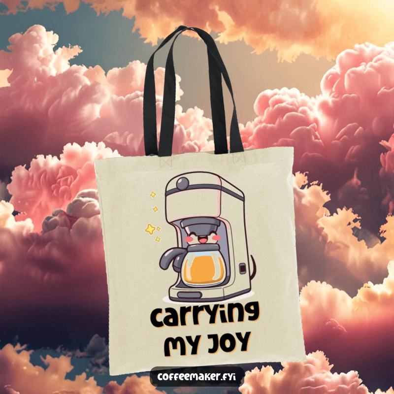 Funny Kawaii Coffee Maker Tote Bag depicting a character happily bubbling with joy, a cheerful and humorous accessory.