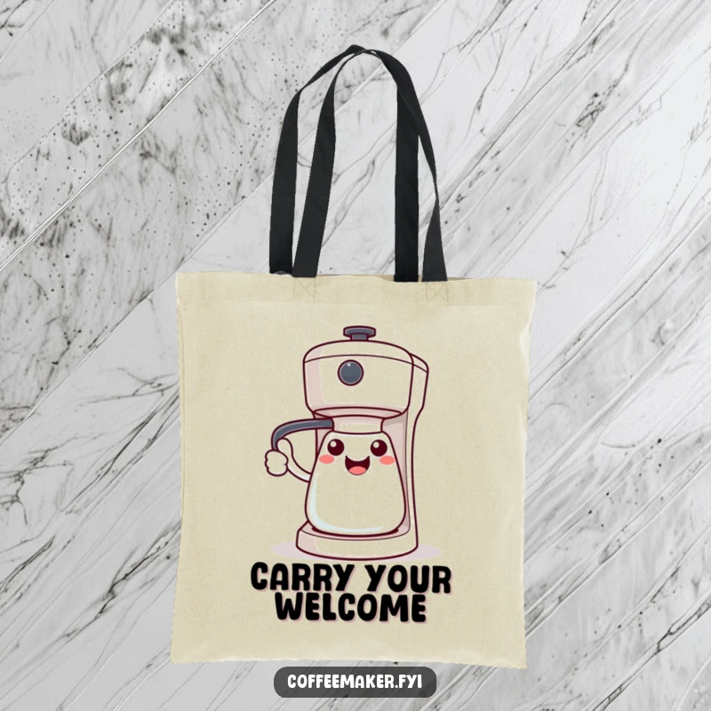 Funny Kawaii coffee maker tote bag, character offering a welcoming handle gesture, practical and cheerful.