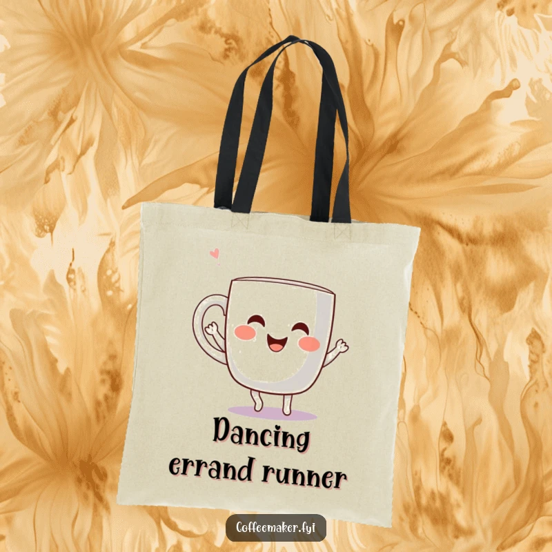 Funny Kawaii Coffee Mug Tote Bag with a cheerful mug character dancing joyfully, perfect for carrying essentials with energetic style.