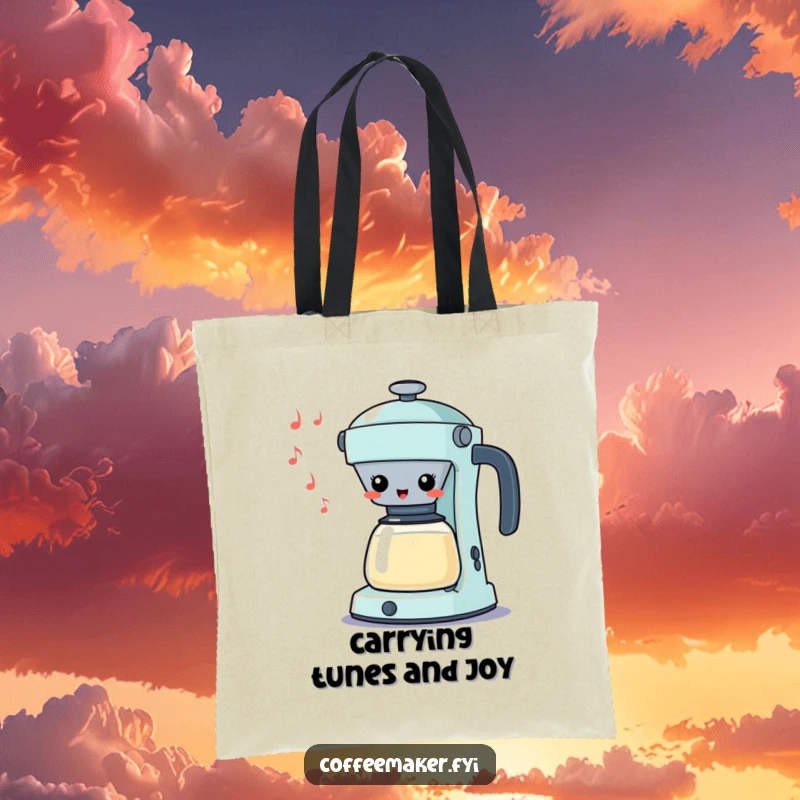 Funny Kawaii Percolator Tote Bag whistling a silly tune cheerfully, a humorous and practical accessory gift.