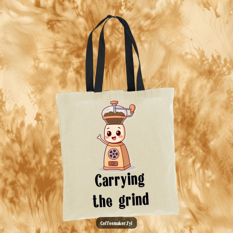 Funny cartoonish coffee grinder character happily spinning its mechanism on a canvas tote bag, ready for carrying coffee essentials.