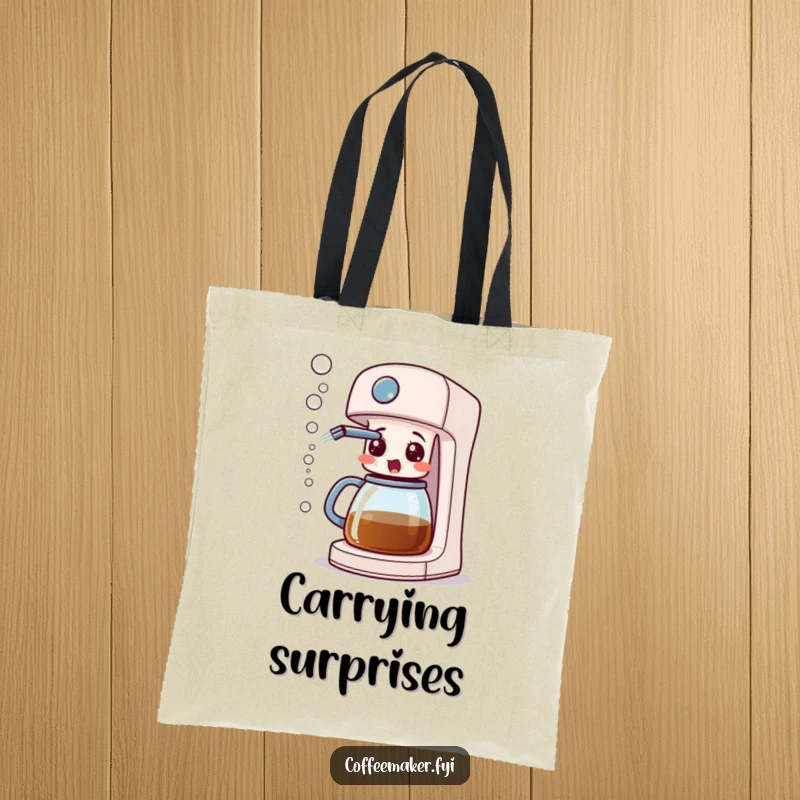 Funny coffee maker machine with a surprised expression, spraying bubbles from its spout, on a durable tote bag.