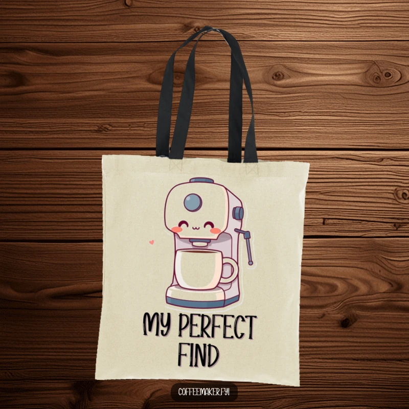 Funny tote bag featuring a coffee maker character looking astonished and pleased by a perfectly brewed cup of coffee it created.
