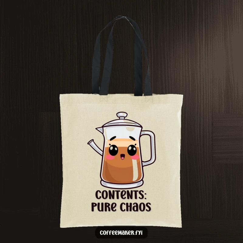 Funny tote bag showcasing a surprised coffee pot character, a humorous and practical accessory for carrying items.