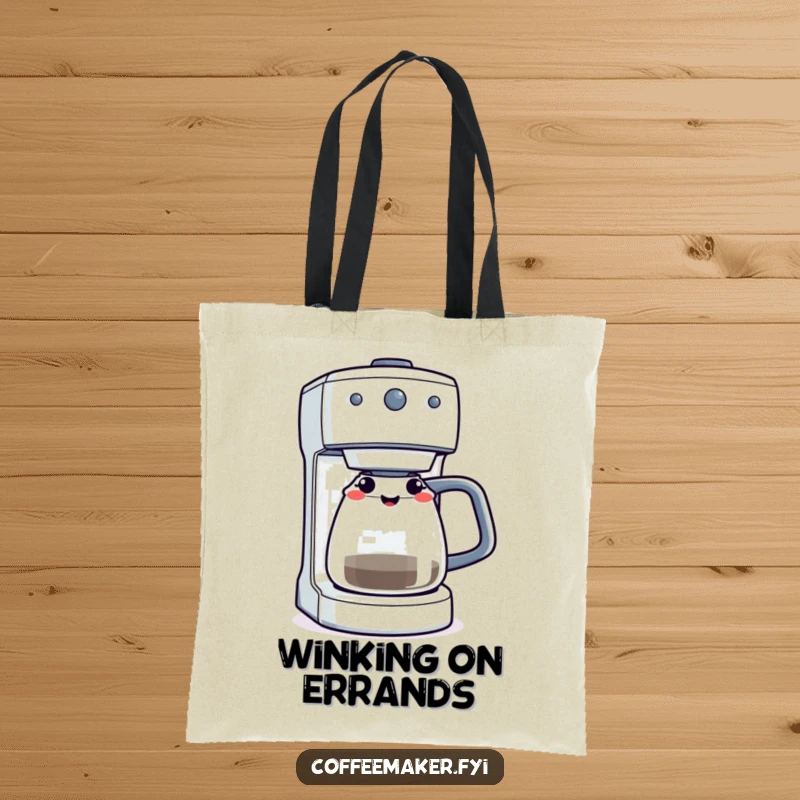 Funny coffee maker machine winking its light, shown on a durable and stylish tote bag.
