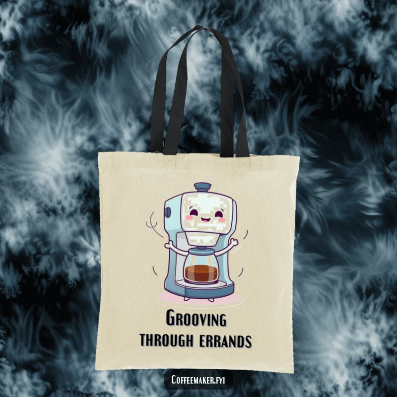 Funny tote bag featuring a coffee maker character joyfully dancing, surrounded by playful steam trails, perfect for carrying essentials with style.