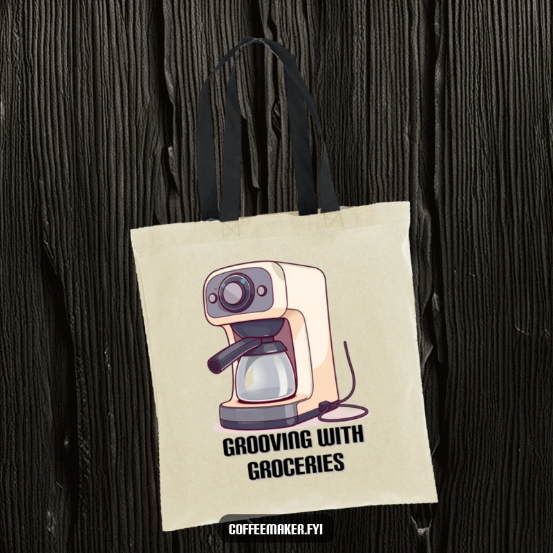 Funny coffee maker machine doing a silly dance with its cords, on a durable and stylish tote bag.