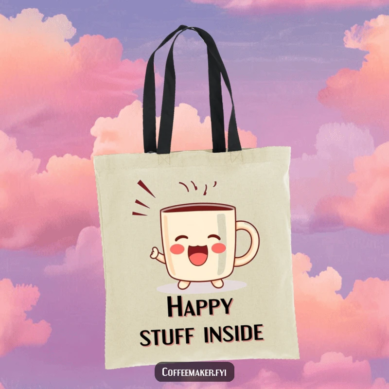 Funny tote bag with a kawaii coffee mug character emitting a joyous shout with sound waves, a cheerful accessory.