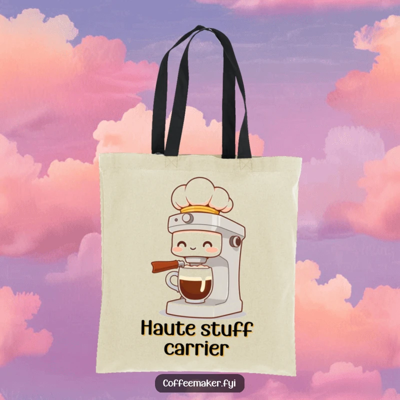 Funny tote bag with a coffee maker character wearing a chef hat, presenting a fancy cup of coffee, perfect for carrying groceries.