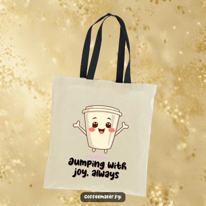 Funny Kawaii Coffee Cup Tote Bag depicting a giggling cup jumping with glee, a humorous and practical accessory gift.