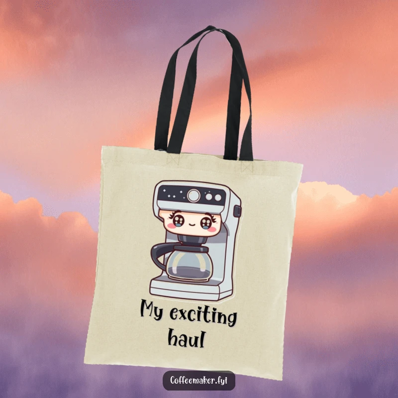 Funny tote bag featuring a coffee maker with bright, excited eyes, perfect for carrying daily items with a burst of cheerful energy. A practical accessory.