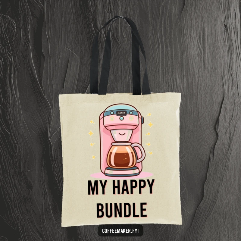 Funny Kawaii coffee maker tote bag stylishly carrying the buzz of happy lights and morning energy.
