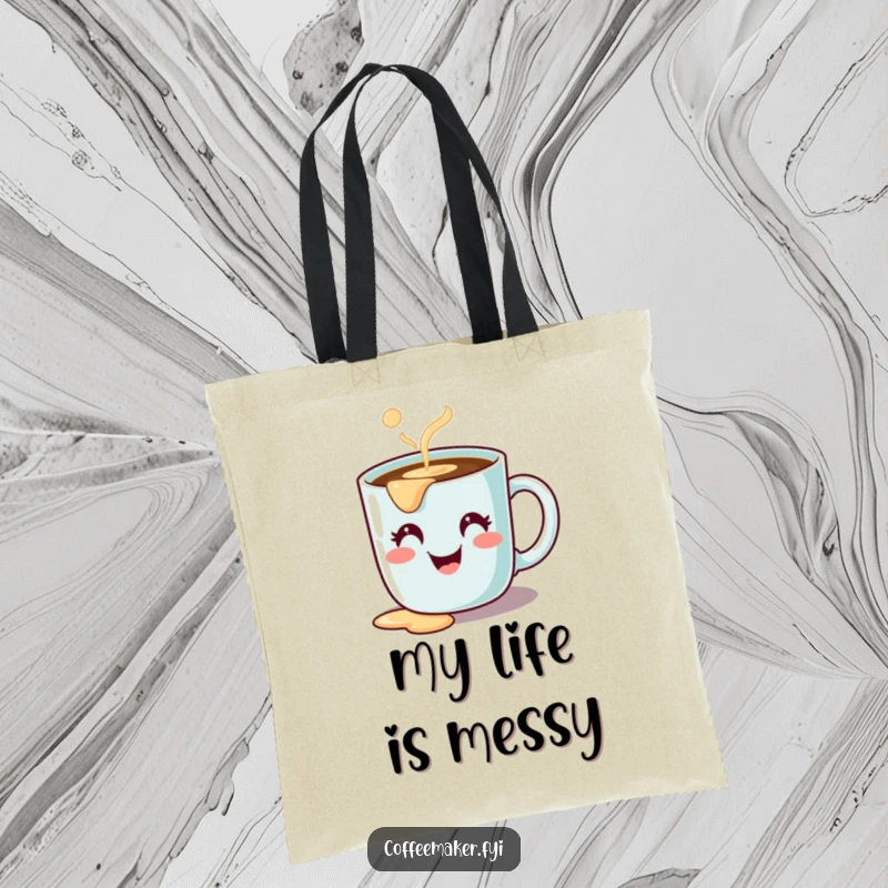Funny tote bag with a cute coffee mug character, happy expression, spilling coffee, practical and humorous accessory.