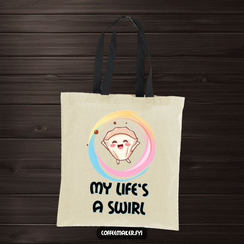 Funny delighted coffee filter character floating in a swirl, printed on a durable and cute tote bag.