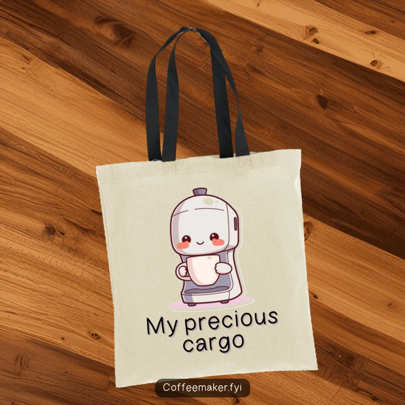 Funny Kawaii coffee maker character proudly holding a steaming cup, ready for shopping, durable tote bag design.