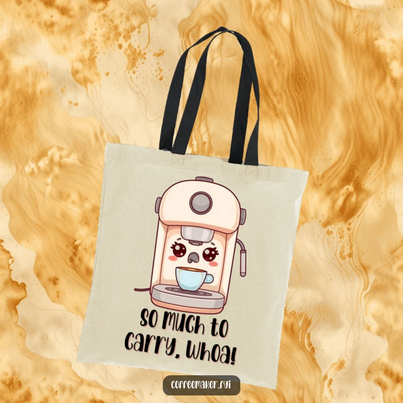 Funny Kawaii Espresso Machine Tote Bag with wide, surprised eyes, a humorous and practical accessory gift for coffee lovers.