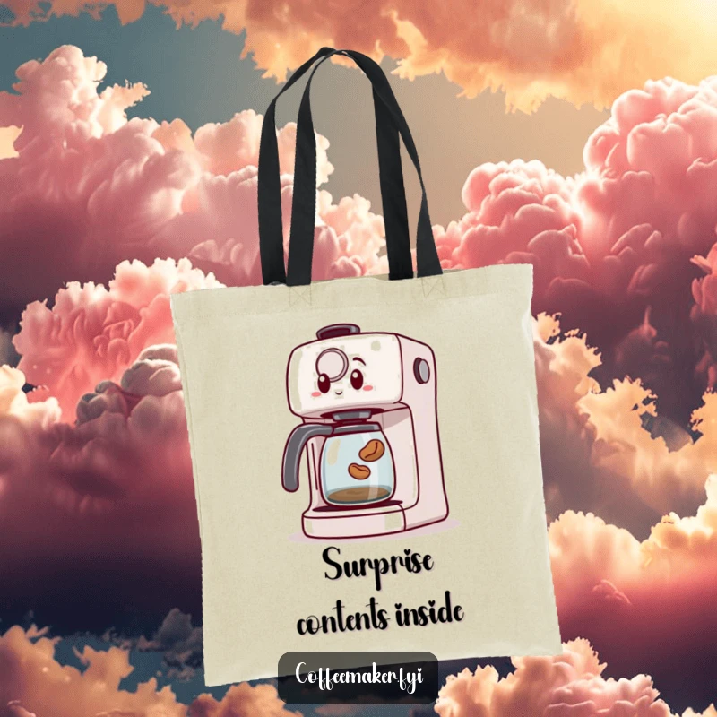 Funny tote bag showcasing a surprised coffee maker machine as a tiny coffee bean jumps out, adding a humorous element.